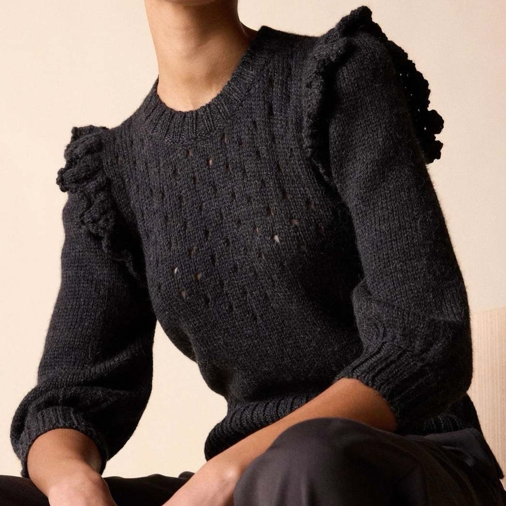 St. Roche Alpaca Ruffle Pointelle Sweater Charcoal 3/4 Balloon Sleeves Medium - Picture 8 of 9